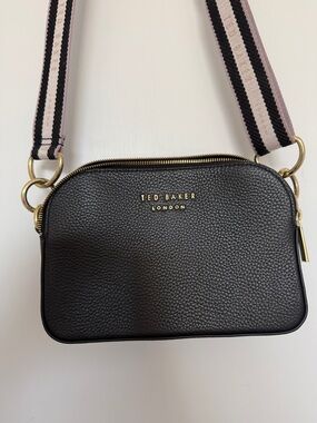 Ted Baker Black Pebbled Leather Crossbody with Pink and Black Striped Strap